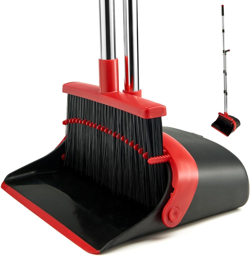 XXFLOWER Broom and Dustpan Set for Home, Broom with Dustpan Cleaning Teeth Combo Set, Indoor Sweep Broom with Long Handle for Office Home Kitchen Lobby Floor (Black Red) - Image 1